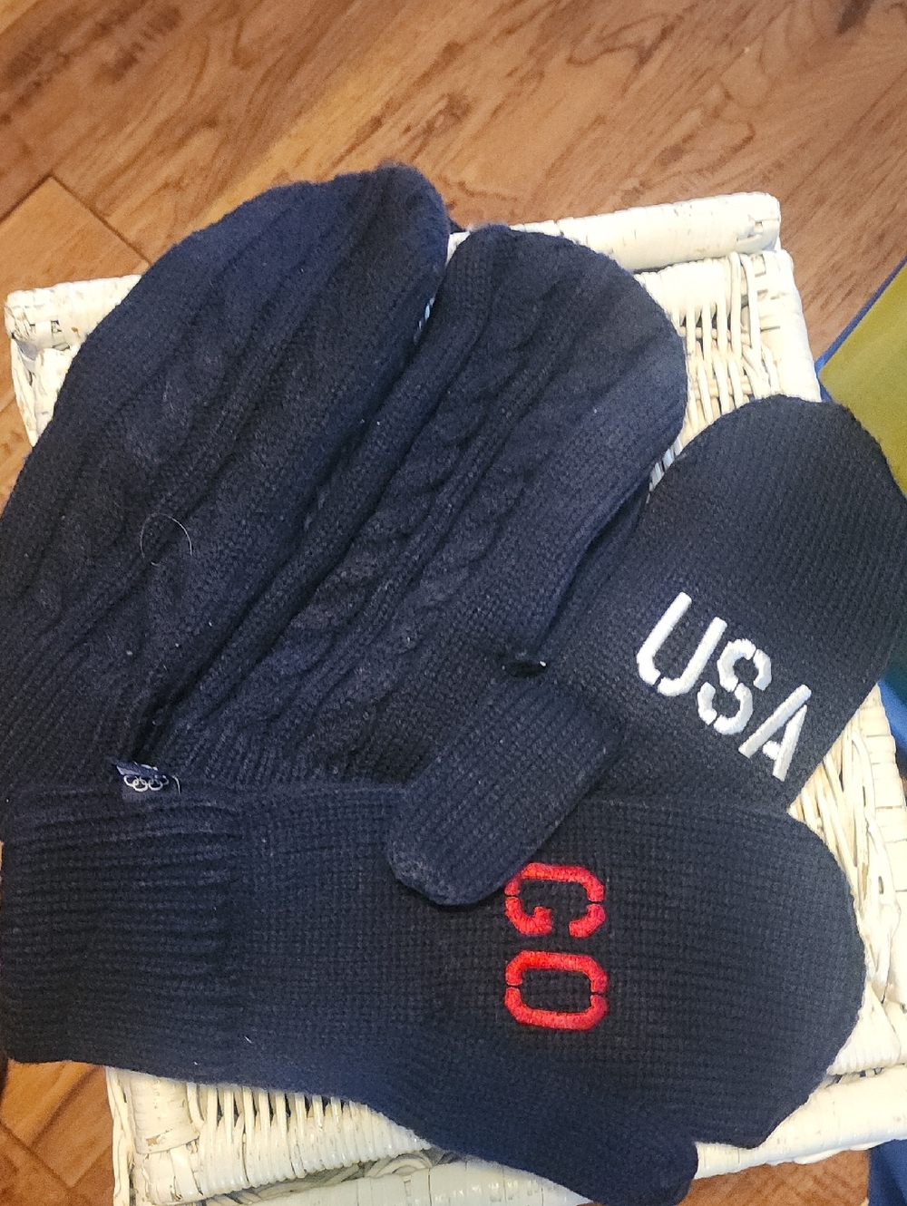 Navy Cable Knit Mittens with USA and GO Embroidery